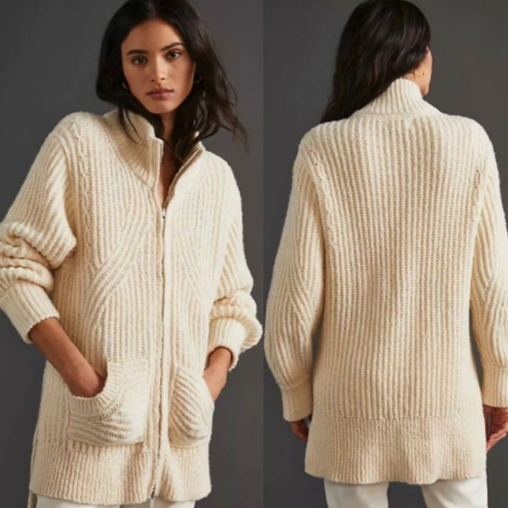 NWT Anthropologie Pilcro Cream Cable Knit Zip Up Costal Grandma Cardigan Sweater